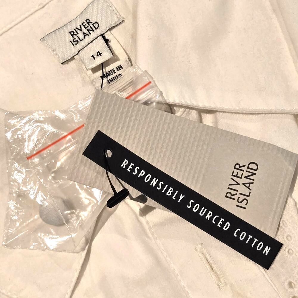NWT River Island UK White Cotton Ruffle Eyelet Button-Up Mini Dress UK 14 US 10 - Picture 10 of 11